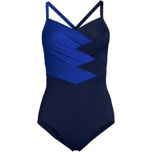 Land's End  slender swimsuit pleated X back one piece swimsuit blue navy size 10